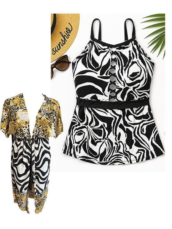 None Other - Animal Print Black and White Swim Top and CoverUp- 1XL